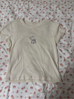 Brandy Melville Cream Short Sleeve Tee with Navy Bear Graphic